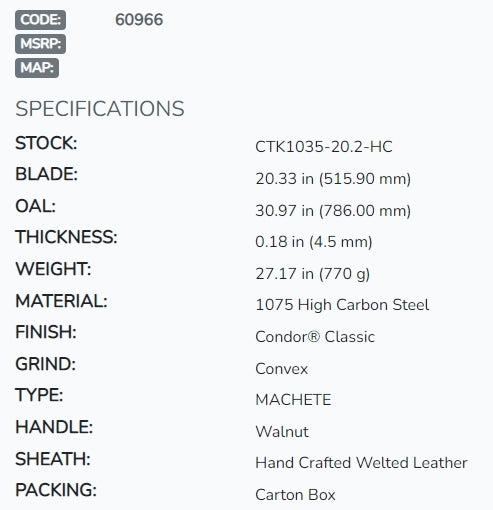 Condor 60966 BURMESE HUNTER MACHETE